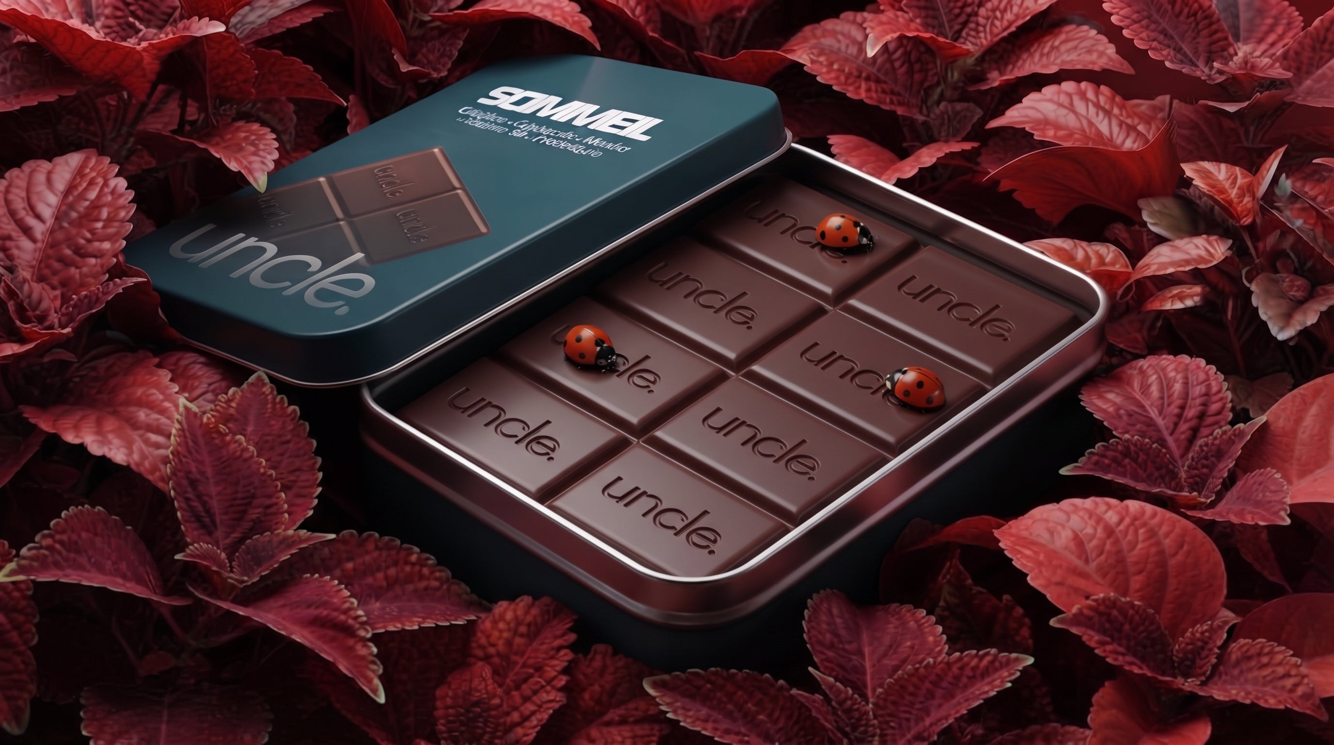 Tablette de chocolat UNCLE parmi des feuillages